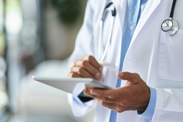 Close-up of a medical professional in a white coat using a digital tablet to access patient information or healthcare records.