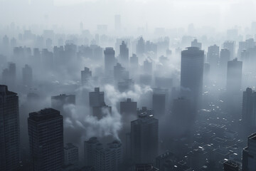 City view with smoke in grey tones. Air pollution issue.  Generative AI.