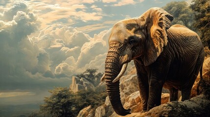 Fototapeta premium serene elephant portrayed in the timeless art style, emphasizing the gentle nature of this iconic creature