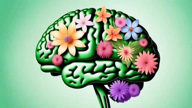 model of green human brain made of flowers, unity with nature, preservation of environment concept, generative AI
