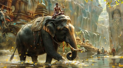 Tourist rides on an elephant in the temple complex in Ayutthaya, Thailand. - obrazy, fototapety, plakaty
