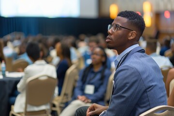 A young man in business attire attentively listening at a professional conference with other attendees in the background. - obrazy, fototapety, plakaty