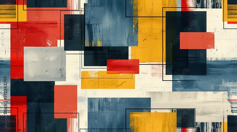 Poster An abstract work of art with a geometric composition rich in red, yellow and blue, colliding to create a strong visual appeal.