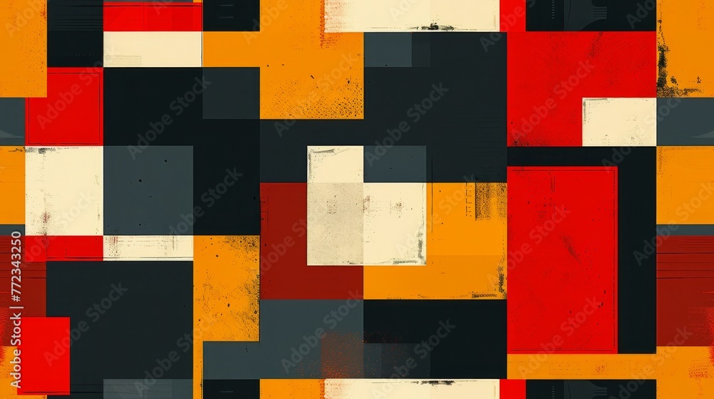 Poster An abstract work of art with a geometric composition rich in red, yellow and blue, colliding to create a strong visual appeal.