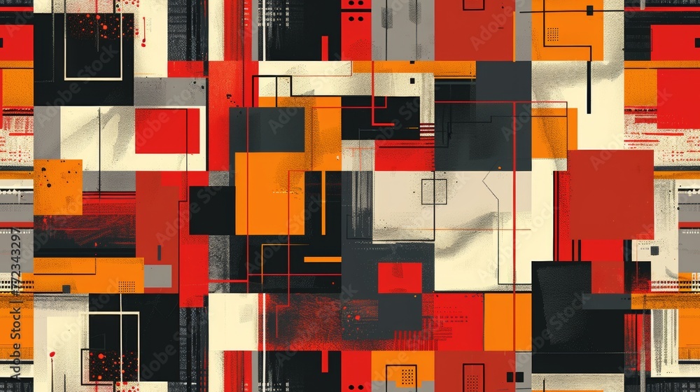 Poster An abstract work of art with a geometric composition rich in red, yellow and blue, colliding to create a strong visual appeal.