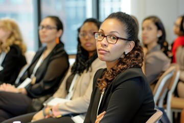 A young professional woman attentively listens at a conference, surrounded by colleagues in a corporate setting. - obrazy, fototapety, plakaty