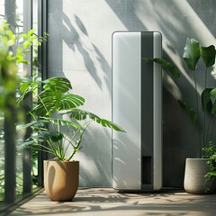 Smart IoT controlled air purifier, sleek design, room temperature controller unit