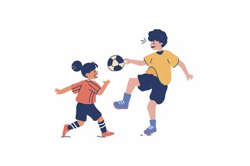 Fototapeta na wymiar Two kids playing soccer, flat cartoon illustration isolated on white