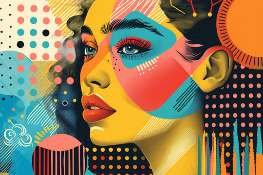 Abstract vector portrait blending geometric shapes woman profile in a vibrant, modernist design Modern vector art of a woman face with abstract shapes featuring contemporary color block technique