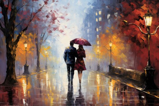 Autumn urban landscape. A couple walks in the park in the rain. A bright colorful illustration in the style of oil painting. 
