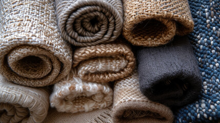 Assortment of rolled textiles showcasing a range of textures and neutral tones in fabric design