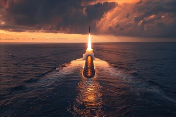 Stealth nuclear submarine firing undersea missile, vast ocean around - obrazy, fototapety, plakaty