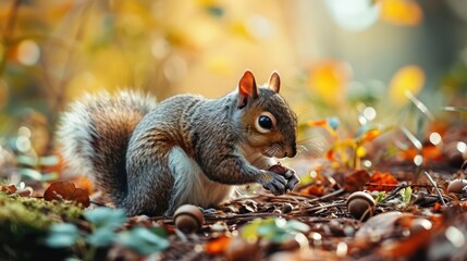 tiny squirrel in a fairy tale attire, collecting acorns in a whimsical woodland setting filled with magical hues