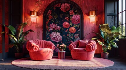 A sophisticated interior scene with plush pink velvet armchairs and lush floral wallpaper creating an atmosphere of luxury and comfort.