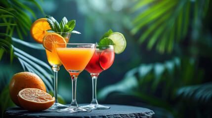 Vibrant tropical fruit cocktails adorned with mint and citrus, bathed in the natural sunlight among lush greenery. - obrazy, fototapety, plakaty