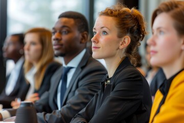 A group of diverse professionals participate in a business meeting, displaying teamwork and collaboration in a corporate setting.