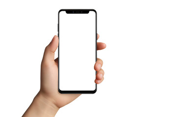 Smartphone with transparent screen in left hand on transparent background
