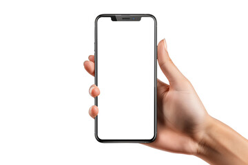 Smartphone with transparent screen in right hand on transparent background
