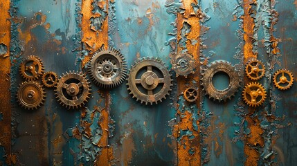 A textured composition of rustic mechanical gears arranged on a weathered metal surface, evoking industrial age aesthetics and mechanical innovation.