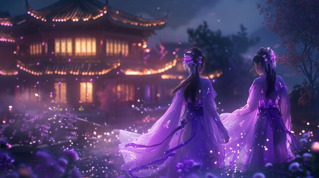 two traditional Chinese children wear transparent bioluminecent bg and purple dresses