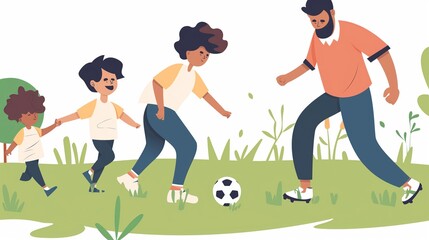 Family playing football soccer in the park, flat cartoon illustration, sportive family activity