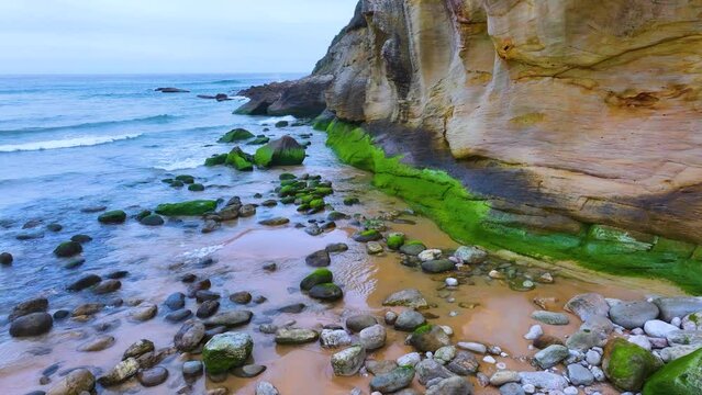 Coastal landscape around Lua&ntilde;a or C&oacute;breces beach. Aerial view from a drone. Alfoz de Loredo Municipality. Cantabrian Sea. Cantabria. Spain. Europe