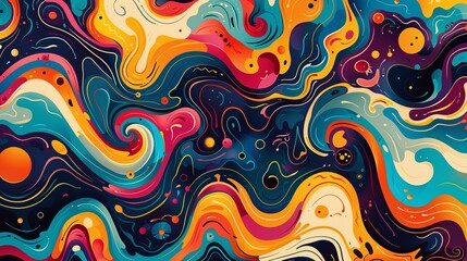 An abstract fluid art composition with a colorful blend of swirling patterns, resembling a psychedelic painting in motion. - obrazy, fototapety, plakaty