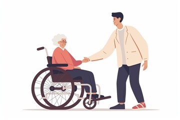 An elderly woman in a wheelchair with her son, flat cartoon illustration