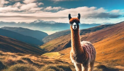 A vibrant landscape photo of a playful and curious llama with a furry coat, long neck, and large eyes, standing on rolling hills in mountainous terrain under the mid-day sun. AI Generated