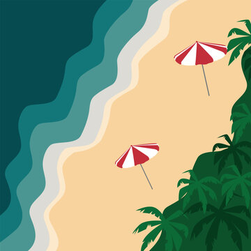 Vector image of a tropical beach. A paradise island for relaxation.