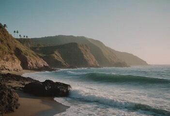 Obraz premium Big breaking Ocean wave on a sandy beach on the north shore of Oahu Hawaii