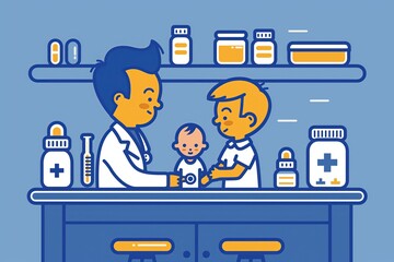 Child patient with a pediatric doctor, flat cartoon illustration