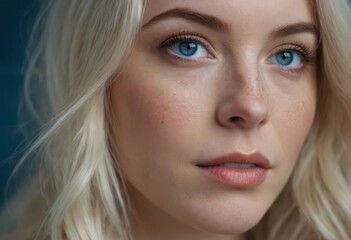 Naklejka premium Close up fashion portrait of seductive sexy woman with big blue eyes ,full lips , prefect skin and long fluffy curled hairstyle. Natural make up.