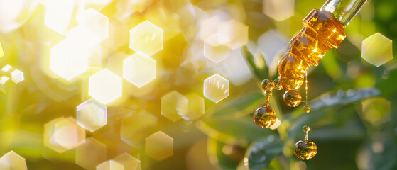 Flaxseed oil enriching hexagonal skin surface, with fields softly blurred - obrazy, fototapety, plakaty