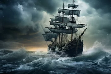 Poster Turbulent Ship sail boat ocean. Summer vacation. Generate Ai © juliars