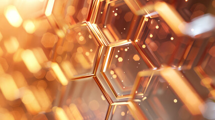 Hexagonal skin visibly firming from copper peptide treatment, with a blurred, metallic sheen background - obrazy, fototapety, plakaty