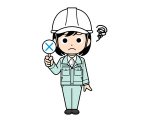 バツ札を持つ現場監督の女性