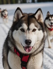 front view at four siberian huskys at race in winter