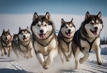front view at four siberian huskys at race in winter