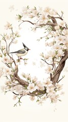 watercolor illustration of blooming spring tree branch with birds
