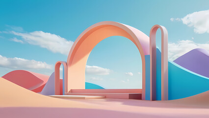 Obraz na płótnie Canvas 3d Render, Abstract Surreal pastel landscape background with arches and podium. Generative AI