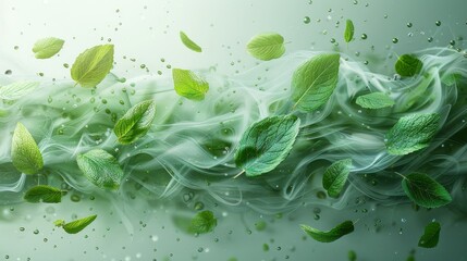 Fresh air flow with leaves. An organic herbal tea with a light fresh scent. Green wind vortex with mint leaves as an element for cleaners and fresheners. Illustration in modern format. - obrazy, fototapety, plakaty