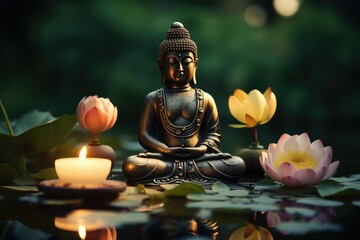 Buddha statue with lotuses and candles in natural background