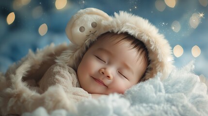 A baby is snugly wrapped in a blanket, smiling peacefully while asleep - obrazy, fototapety, plakaty