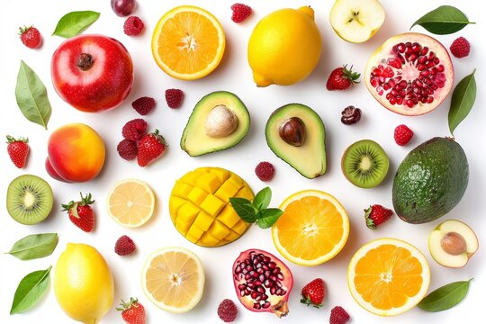 A flat lay of different fruits and berries, top view, apple, strawberry, pomegranate, mango, avocado, orange, lemon, kiwi, peach, isolated on white.