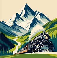 Vector illustration of train and mountain vintage style travel poster