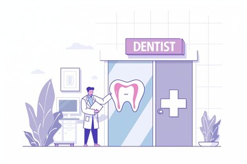 A dentist in a dental clinic with a big healthy tooth, cartoon flat illustration