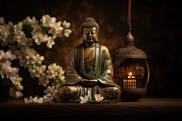 Buddha statue with flowering tree branch candles in natural background