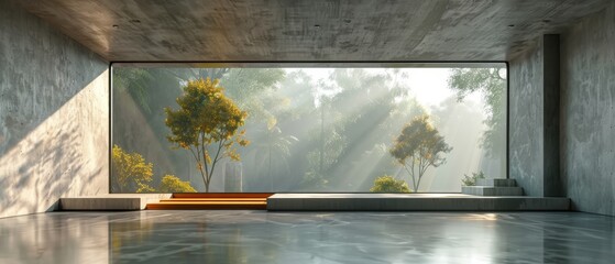 In this 3D render, an empty concrete room is framed by a large window against a natural background.