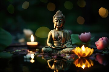 Buddha statue with lotuses and candles in natural background